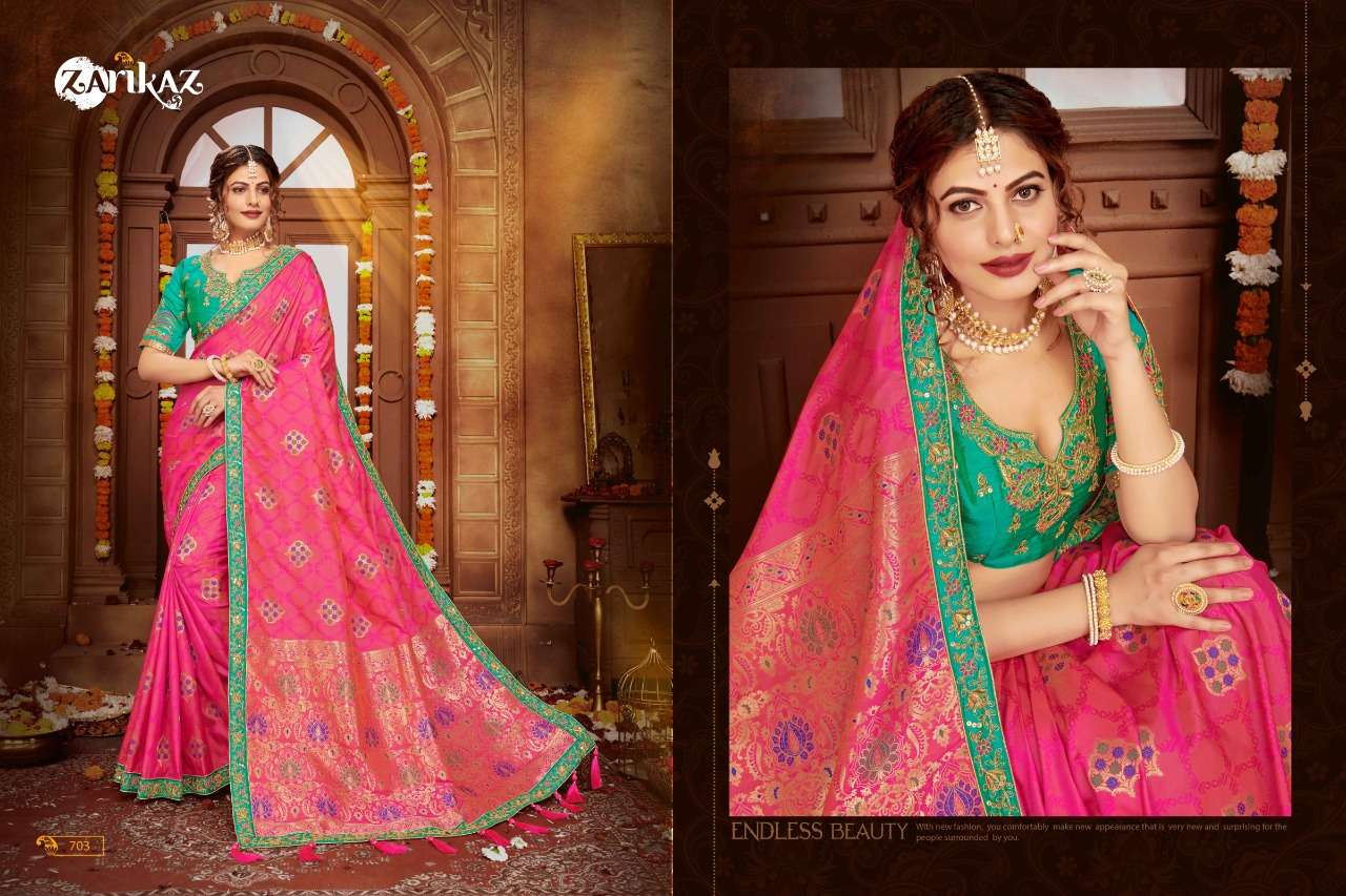 RAJVEE VOL-7 BY ZARIKAZ 701 TO 706 SERIES INDIAN TRADITIONAL WEAR COLLECTION BEAUTIFUL STYLISH FANCY COLORFUL PARTY WEAR & OCCASIONAL WEAR BANARASI SILK EMBROIDERED SAREES AT WHOLESALE PRICE