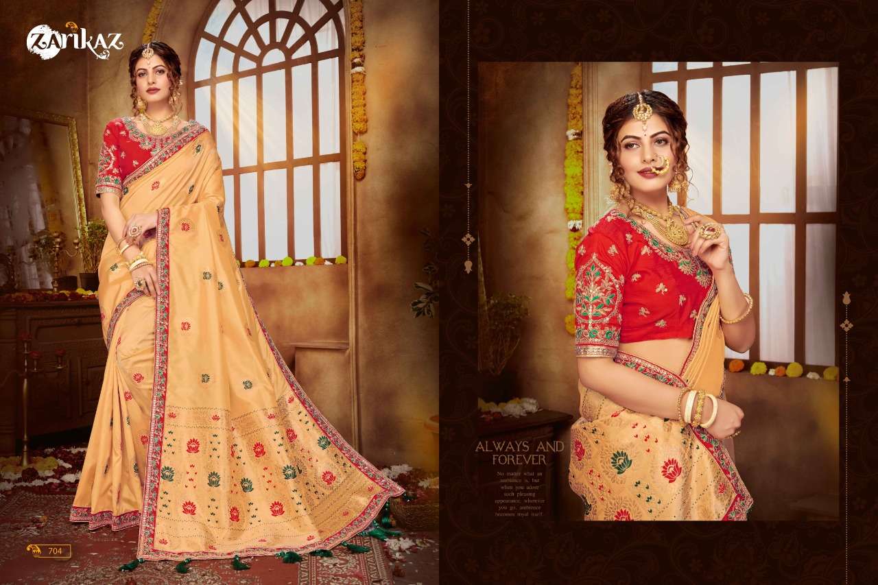 RAJVEE VOL-7 BY ZARIKAZ 701 TO 706 SERIES INDIAN TRADITIONAL WEAR COLLECTION BEAUTIFUL STYLISH FANCY COLORFUL PARTY WEAR & OCCASIONAL WEAR BANARASI SILK EMBROIDERED SAREES AT WHOLESALE PRICE