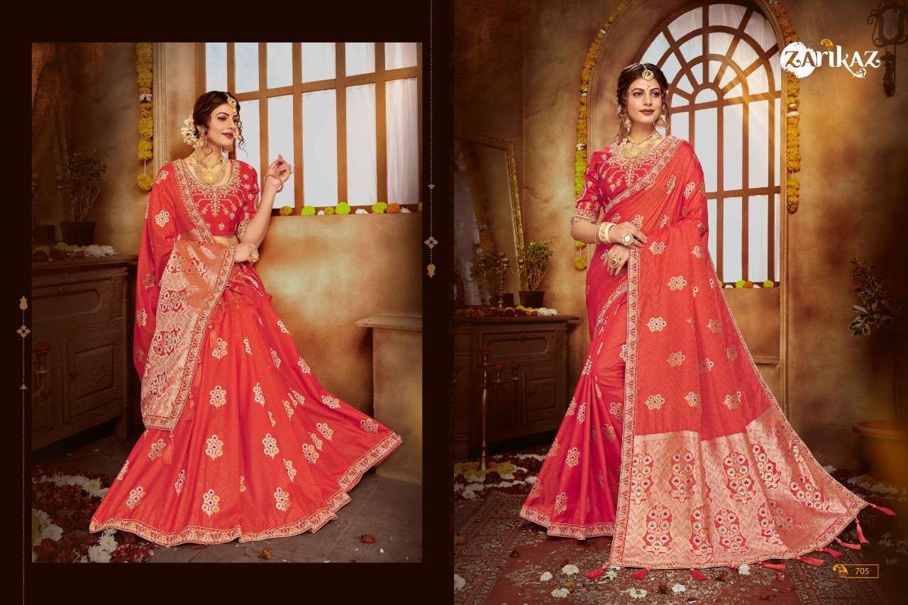 RAJVEE VOL-7 BY ZARIKAZ 701 TO 706 SERIES INDIAN TRADITIONAL WEAR COLLECTION BEAUTIFUL STYLISH FANCY COLORFUL PARTY WEAR & OCCASIONAL WEAR BANARASI SILK EMBROIDERED SAREES AT WHOLESALE PRICE