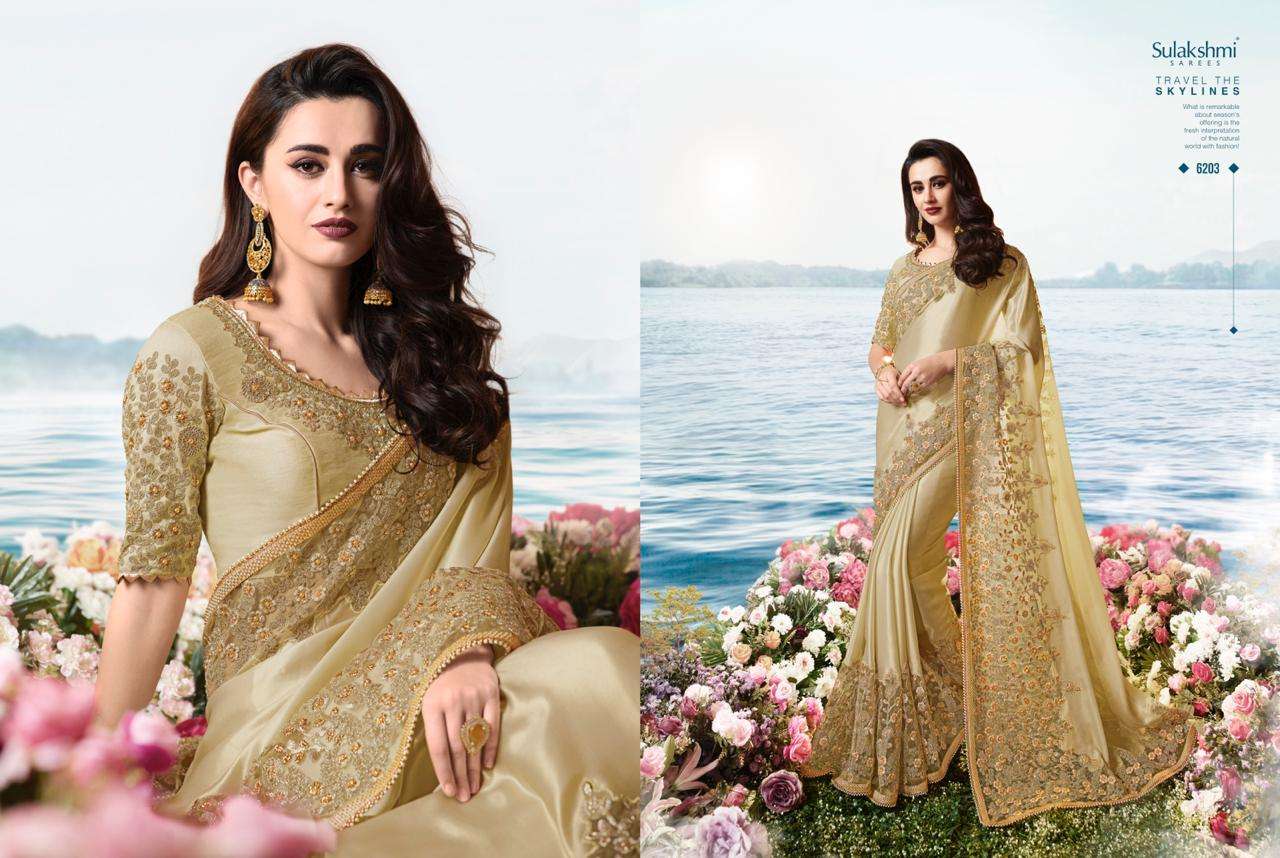 AAKASHI BY SULAKSHMI 6201 TO 6214 SERIES INDIAN TRADITIONAL WEAR COLLECTION BEAUTIFUL STYLISH FANCY COLORFUL PARTY WEAR & OCCASIONAL WEAR FANCY EMBROIDERED SAREES AT WHOLESALE PRICE