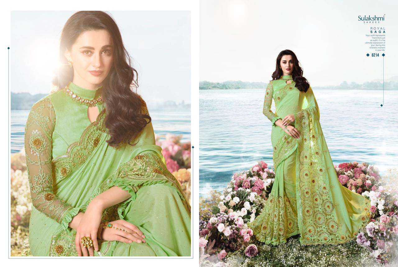 AAKASHI BY SULAKSHMI 6201 TO 6214 SERIES INDIAN TRADITIONAL WEAR COLLECTION BEAUTIFUL STYLISH FANCY COLORFUL PARTY WEAR & OCCASIONAL WEAR FANCY EMBROIDERED SAREES AT WHOLESALE PRICE