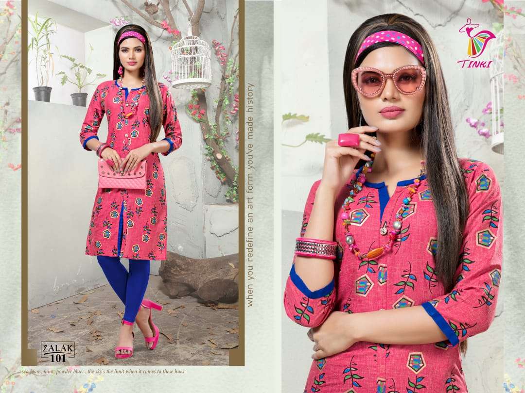 ZALAK BY TINKI 101 TO 108 SERIES STYLISH FANCY BEAUTIFUL COLORFUL CASUAL WEAR & ETHNIC WEAR COTTON TWO TONE PRINTED KURTIS AT WHOLESALE PRICE