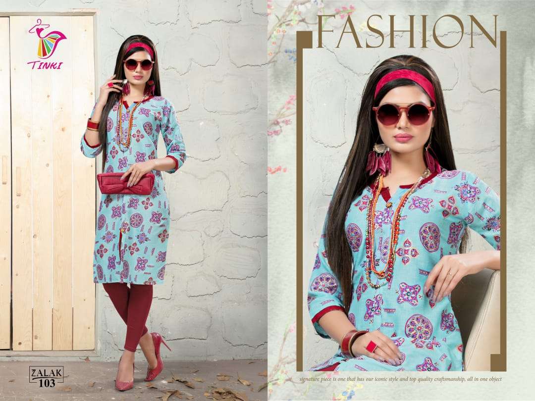 ZALAK BY TINKI 101 TO 108 SERIES STYLISH FANCY BEAUTIFUL COLORFUL CASUAL WEAR & ETHNIC WEAR COTTON TWO TONE PRINTED KURTIS AT WHOLESALE PRICE