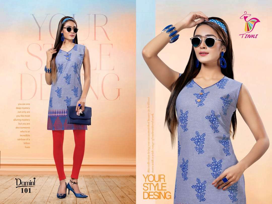 DAMINI BY TINKI 101 TO 108 SERIES STYLISH FANCY BEAUTIFUL COLORFUL CASUAL WEAR & ETHNIC WEAR COTTON FLEX KURTIS AT WHOLESALE PRICE