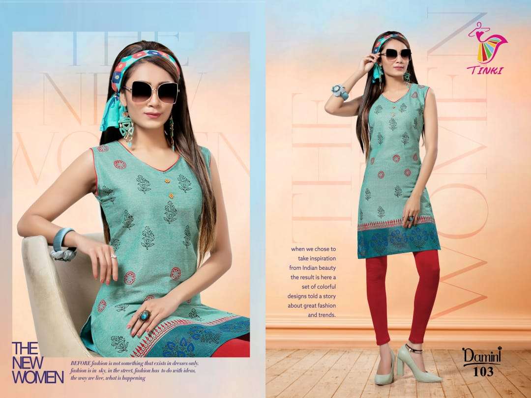 DAMINI BY TINKI 101 TO 108 SERIES STYLISH FANCY BEAUTIFUL COLORFUL CASUAL WEAR & ETHNIC WEAR COTTON FLEX KURTIS AT WHOLESALE PRICE