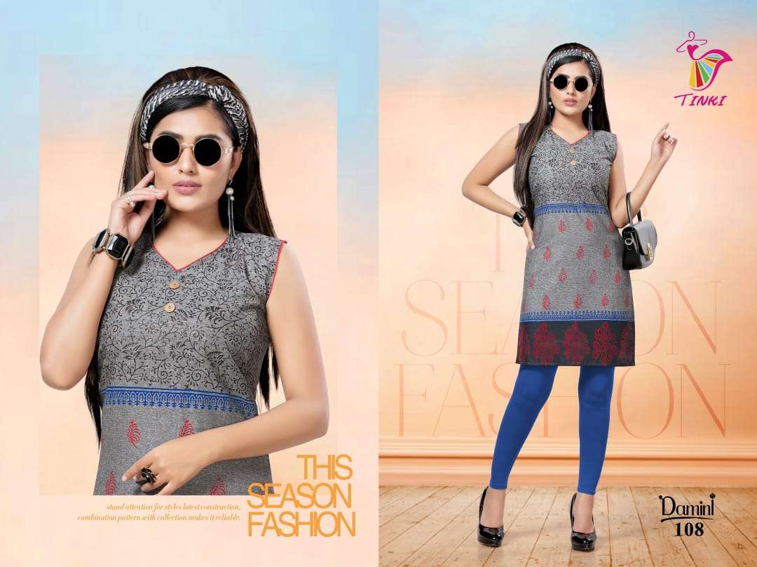 DAMINI BY TINKI 101 TO 108 SERIES STYLISH FANCY BEAUTIFUL COLORFUL CASUAL WEAR & ETHNIC WEAR COTTON FLEX KURTIS AT WHOLESALE PRICE