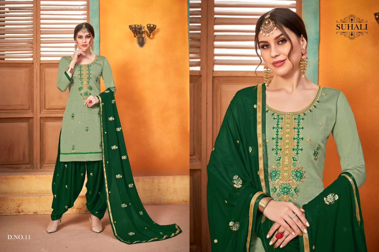 NIRALI BY SUHALI 11 TO 14 SERIES BEAUTIFUL STYLISH SHARARA SUITS FANCY COLORFUL CASUAL WEAR & ETHNIC WEAR & READY TO WEAR JAM SATIN WITH HEAVY WORK DRESSES AT WHOLESALE PRICE