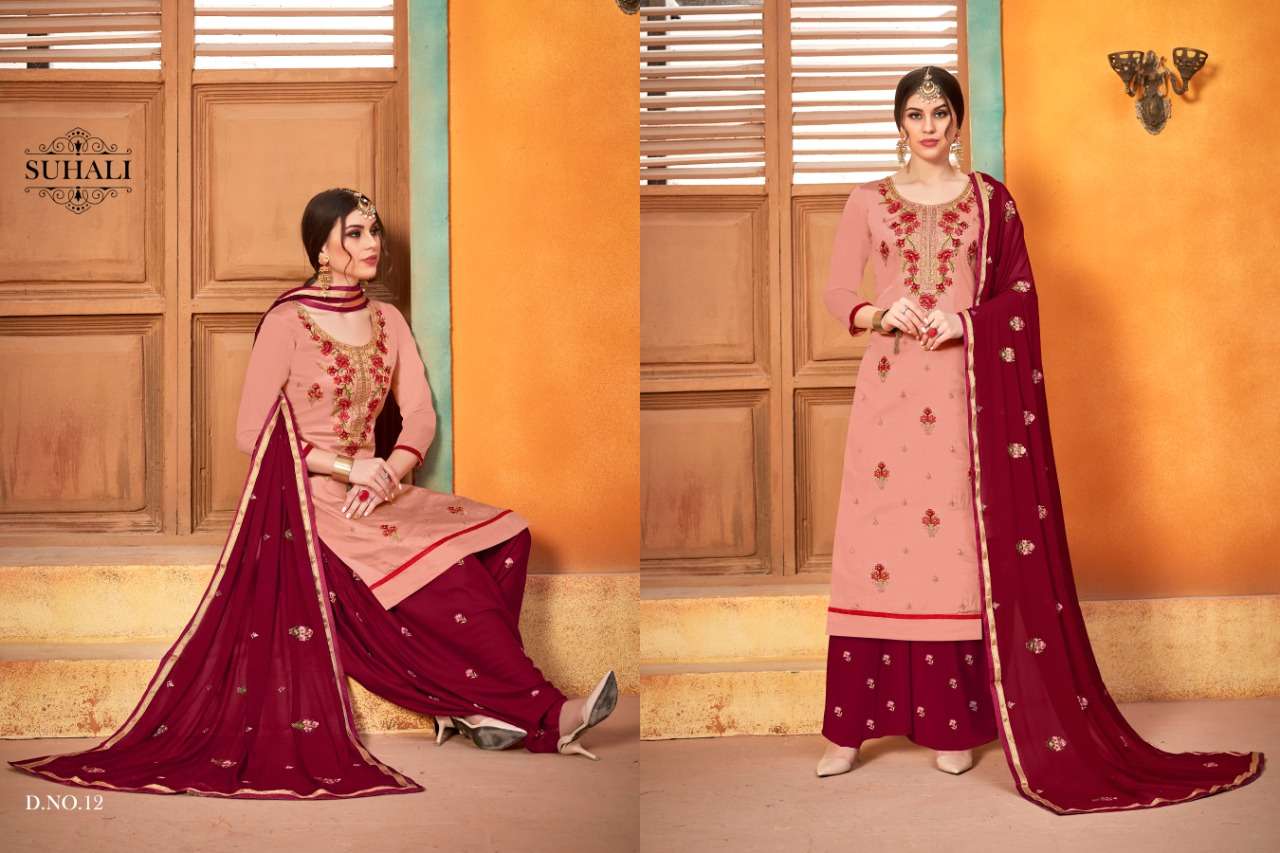 NIRALI BY SUHALI 11 TO 14 SERIES BEAUTIFUL STYLISH SHARARA SUITS FANCY COLORFUL CASUAL WEAR & ETHNIC WEAR & READY TO WEAR JAM SATIN WITH HEAVY WORK DRESSES AT WHOLESALE PRICE