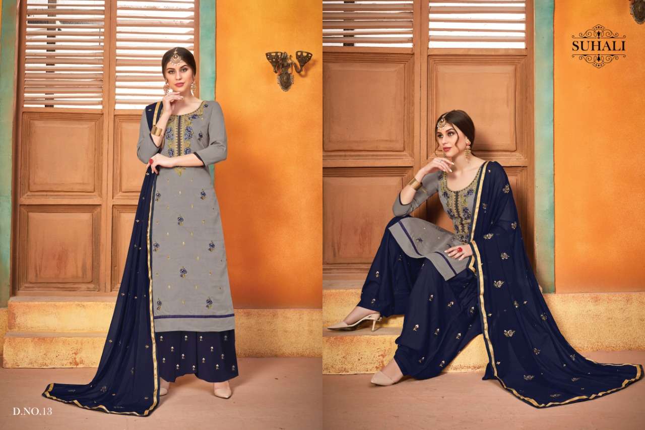 NIRALI BY SUHALI 11 TO 14 SERIES BEAUTIFUL STYLISH SHARARA SUITS FANCY COLORFUL CASUAL WEAR & ETHNIC WEAR & READY TO WEAR JAM SATIN WITH HEAVY WORK DRESSES AT WHOLESALE PRICE