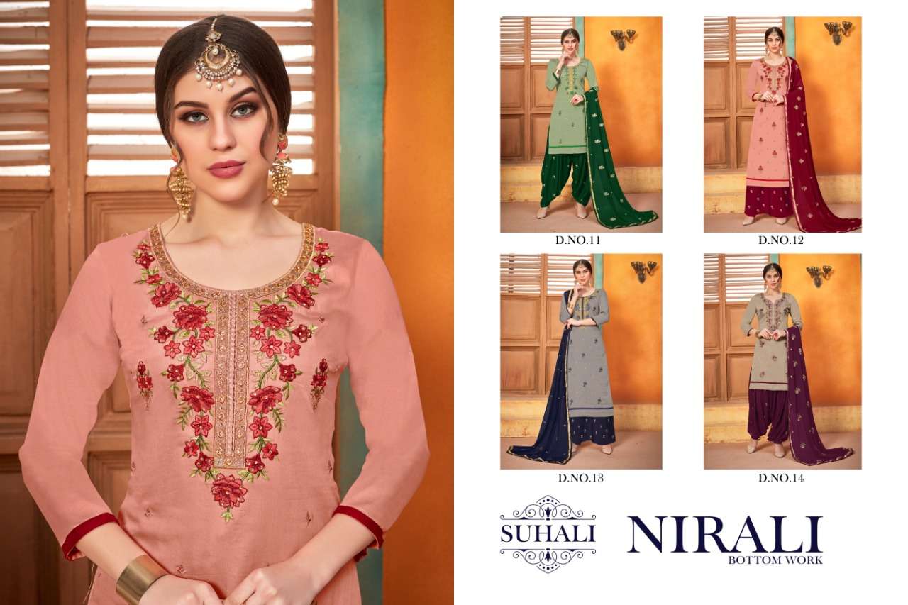 NIRALI BY SUHALI 11 TO 14 SERIES BEAUTIFUL STYLISH SHARARA SUITS FANCY COLORFUL CASUAL WEAR & ETHNIC WEAR & READY TO WEAR JAM SATIN WITH HEAVY WORK DRESSES AT WHOLESALE PRICE