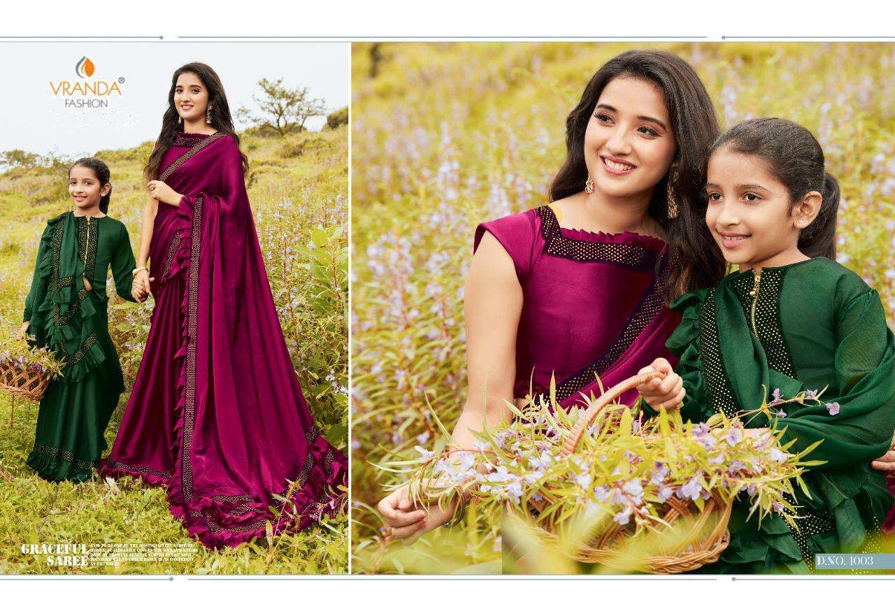 INDIAN GIRL BY VRANDA FASHION 1001 TO 1008 SERIES INDIAN TRADITIONAL WEAR COLLECTION BEAUTIFUL STYLISH FANCY COLORFUL PARTY WEAR & OCCASIONAL WEAR BARIFI SAREES AT WHOLESALE PRICE