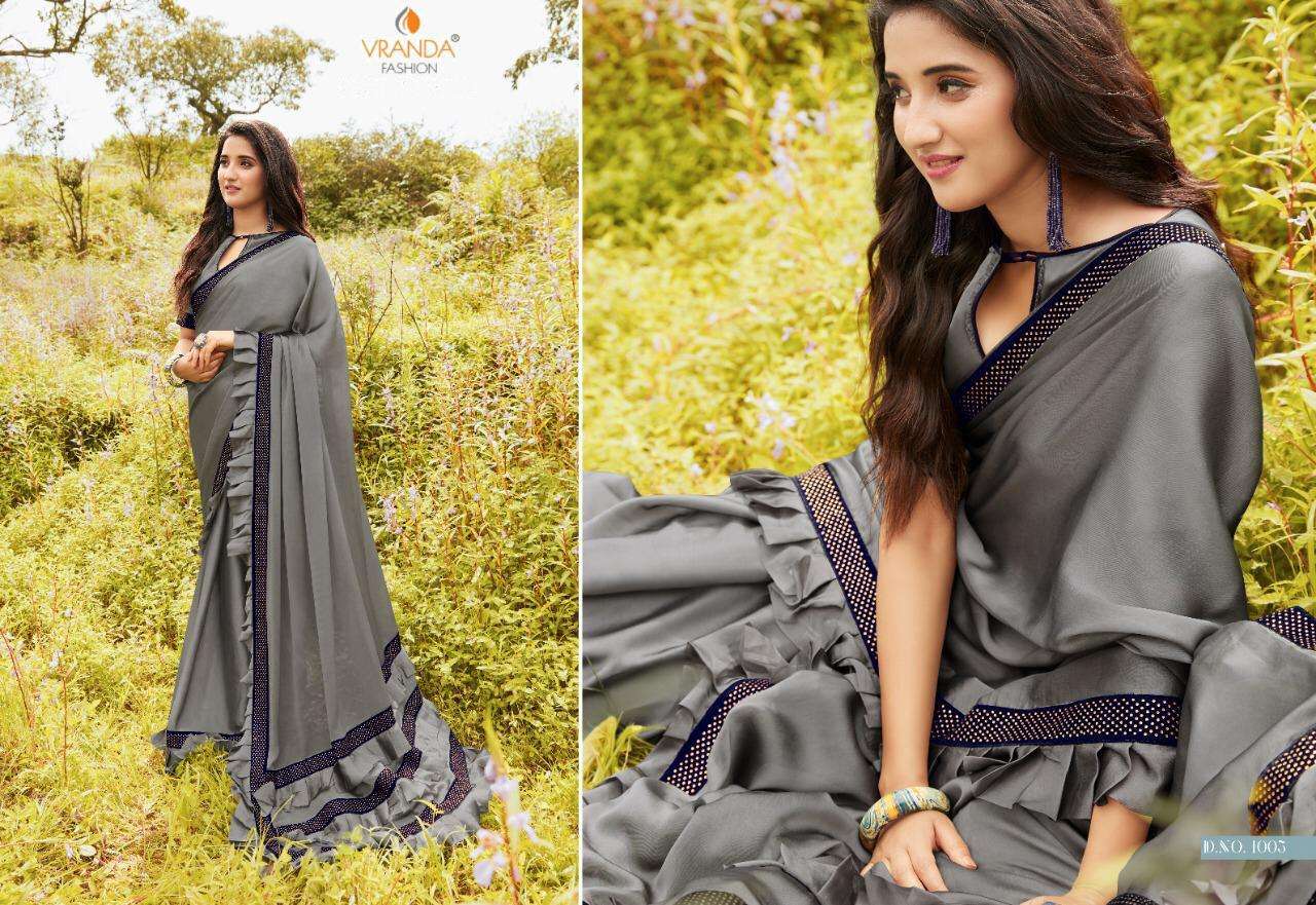 INDIAN GIRL BY VRANDA FASHION 1001 TO 1008 SERIES INDIAN TRADITIONAL WEAR COLLECTION BEAUTIFUL STYLISH FANCY COLORFUL PARTY WEAR & OCCASIONAL WEAR BARIFI SAREES AT WHOLESALE PRICE