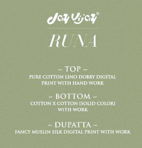 RUNA BY JINAAM DRESSES 5061 TO 5069 SERIES BEAUTIFUL SUITS STYLISH FANCY COLORFUL PARTY WEAR & OCCASIONAL WEAR PURE COTTON DOBBY DIGITAL PRINTED DRESSES AT WHOLESALE PRICE