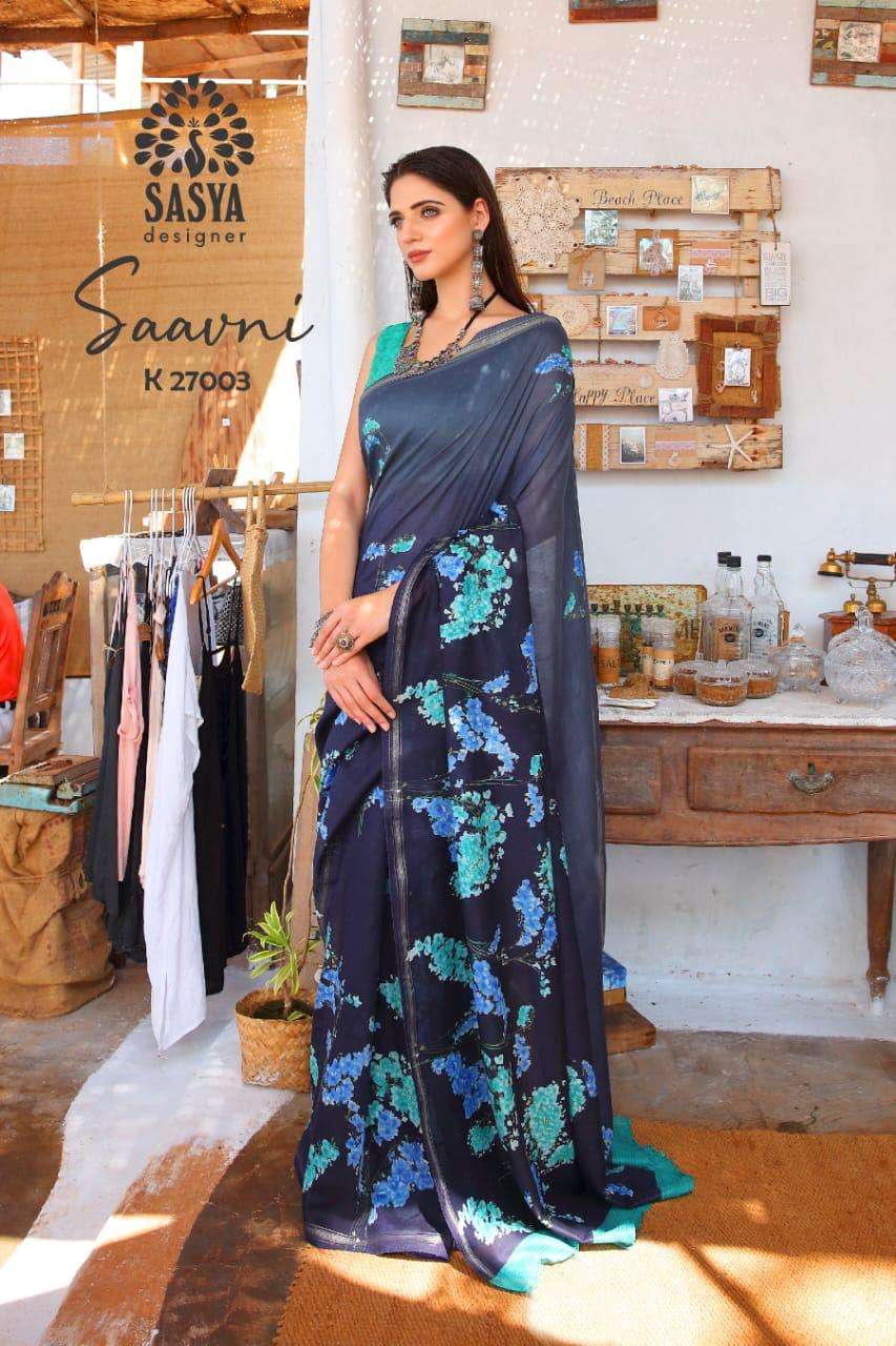 SAAVNI BY SASYA DESIGNER 27001 TO 27010 SERIES INDIAN TRADITIONAL WEAR COLLECTION BEAUTIFUL STYLISH FANCY COLORFUL PARTY WEAR & OCCASIONAL WEAR MAL MAL COTTON SAREES AT WHOLESALE PRICE