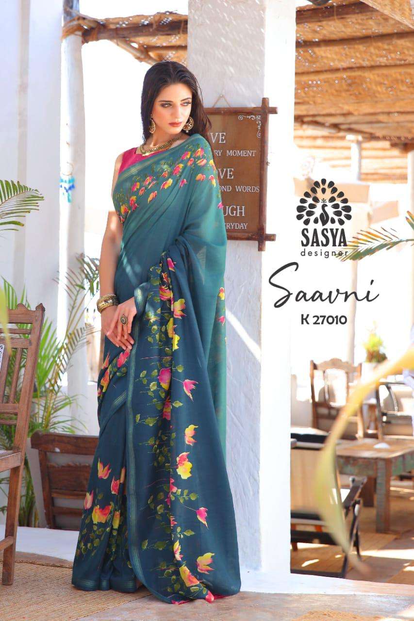 SAAVNI BY SASYA DESIGNER 27001 TO 27010 SERIES INDIAN TRADITIONAL WEAR COLLECTION BEAUTIFUL STYLISH FANCY COLORFUL PARTY WEAR & OCCASIONAL WEAR MAL MAL COTTON SAREES AT WHOLESALE PRICE