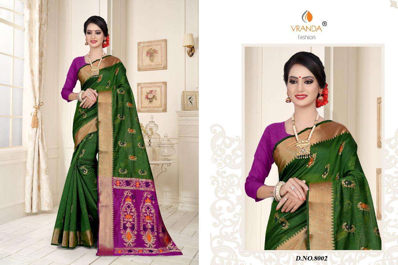 VRANDA 8001 SERIES BY VRANDA FASHION 8001 TO 8006 SERIES INDIAN TRADITIONAL WEAR COLLECTION BEAUTIFUL STYLISH FANCY COLORFUL PARTY WEAR & OCCASIONAL WEAR BANARASI SILK WITH ZARI SAREES AT WHOLESALE PRICE