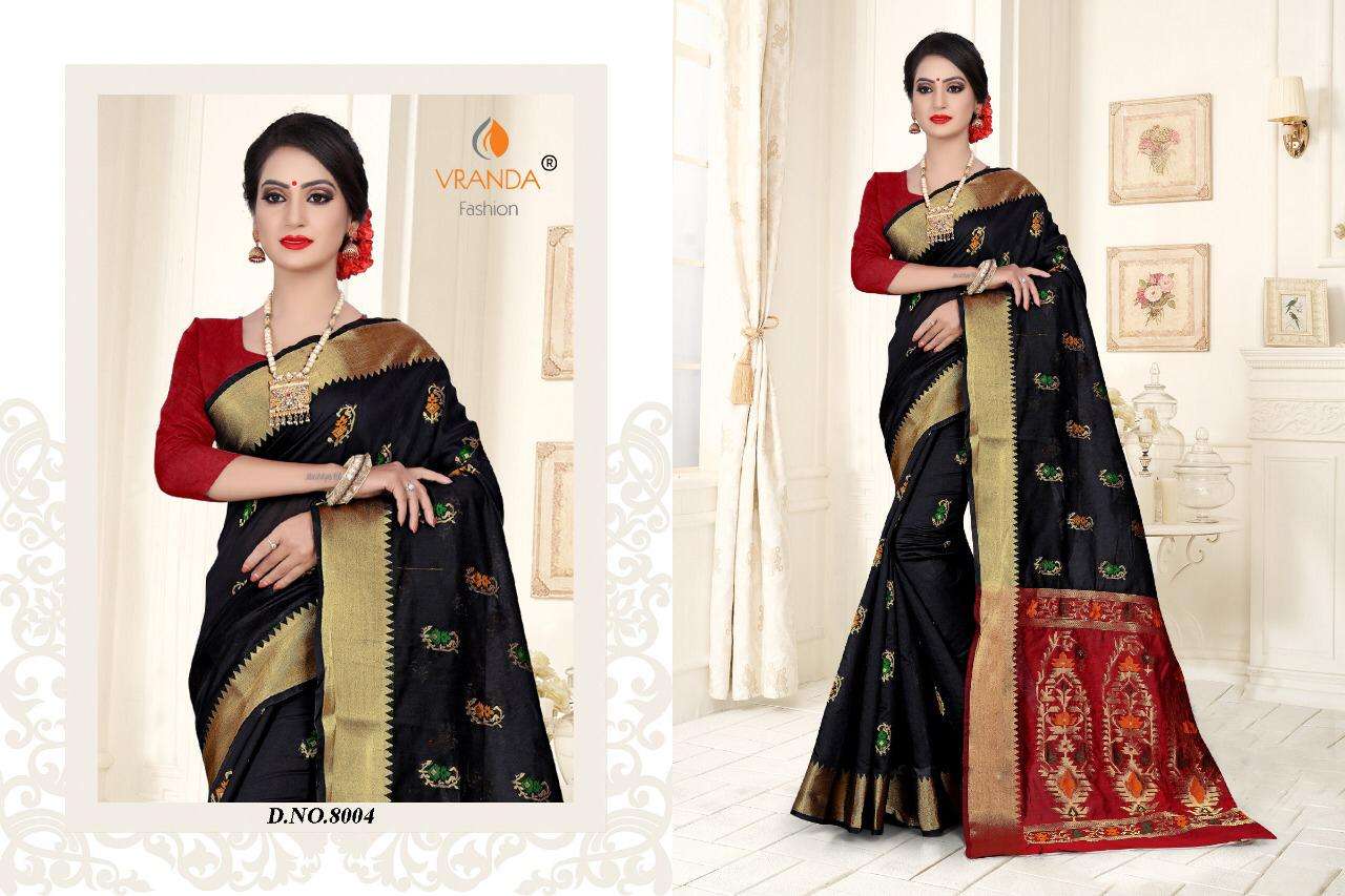 VRANDA 8001 SERIES BY VRANDA FASHION 8001 TO 8006 SERIES INDIAN TRADITIONAL WEAR COLLECTION BEAUTIFUL STYLISH FANCY COLORFUL PARTY WEAR & OCCASIONAL WEAR BANARASI SILK WITH ZARI SAREES AT WHOLESALE PRICE