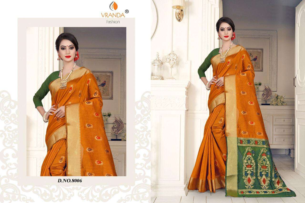 VRANDA 8001 SERIES BY VRANDA FASHION 8001 TO 8006 SERIES INDIAN TRADITIONAL WEAR COLLECTION BEAUTIFUL STYLISH FANCY COLORFUL PARTY WEAR & OCCASIONAL WEAR BANARASI SILK WITH ZARI SAREES AT WHOLESALE PRICE