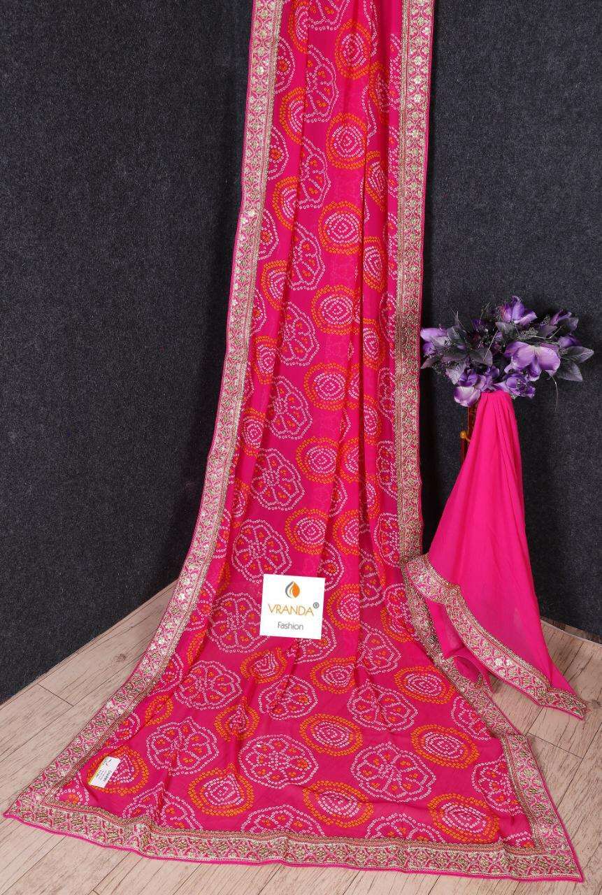 BANDHNI VOL-4 BY VRANDA FASHION 4001 TO 4014 SERIES INDIAN TRADITIONAL WEAR COLLECTION BEAUTIFUL STYLISH FANCY COLORFUL PARTY WEAR & OCCASIONAL WEAR GEORGETTE EMBROIDERED SAREES AT WHOLESALE PRICE