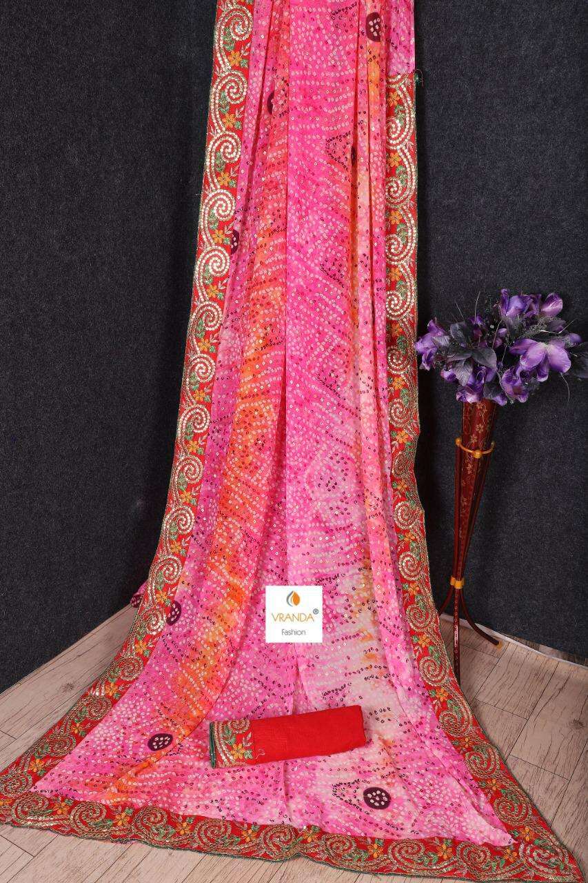 BANDHNI VOL-4 BY VRANDA FASHION 4001 TO 4014 SERIES INDIAN TRADITIONAL WEAR COLLECTION BEAUTIFUL STYLISH FANCY COLORFUL PARTY WEAR & OCCASIONAL WEAR GEORGETTE EMBROIDERED SAREES AT WHOLESALE PRICE