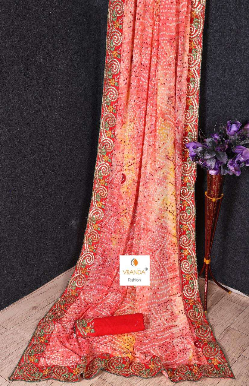 BANDHNI VOL-4 BY VRANDA FASHION 4001 TO 4014 SERIES INDIAN TRADITIONAL WEAR COLLECTION BEAUTIFUL STYLISH FANCY COLORFUL PARTY WEAR & OCCASIONAL WEAR GEORGETTE EMBROIDERED SAREES AT WHOLESALE PRICE