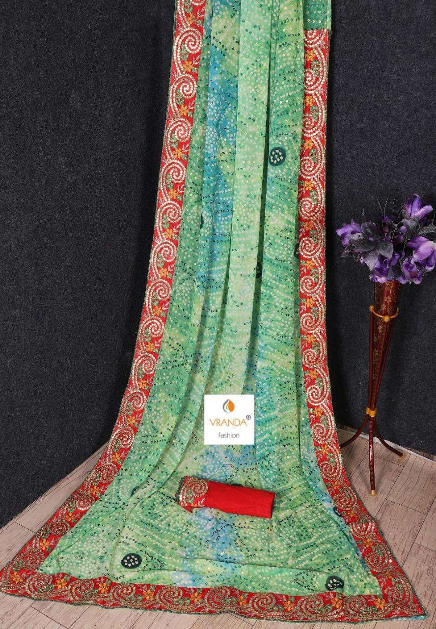 BANDHNI VOL-4 BY VRANDA FASHION 4001 TO 4014 SERIES INDIAN TRADITIONAL WEAR COLLECTION BEAUTIFUL STYLISH FANCY COLORFUL PARTY WEAR & OCCASIONAL WEAR GEORGETTE EMBROIDERED SAREES AT WHOLESALE PRICE