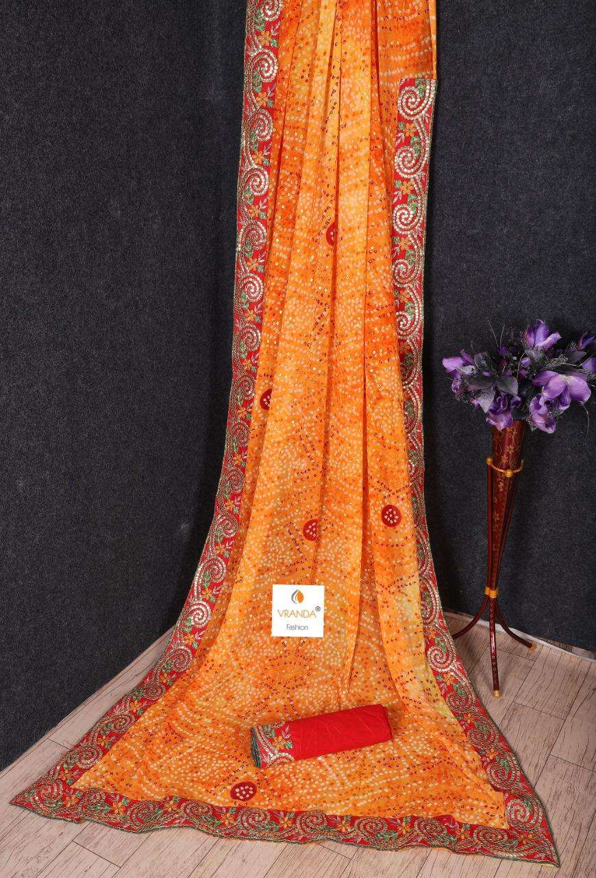 BANDHNI VOL-4 BY VRANDA FASHION 4001 TO 4014 SERIES INDIAN TRADITIONAL WEAR COLLECTION BEAUTIFUL STYLISH FANCY COLORFUL PARTY WEAR & OCCASIONAL WEAR GEORGETTE EMBROIDERED SAREES AT WHOLESALE PRICE