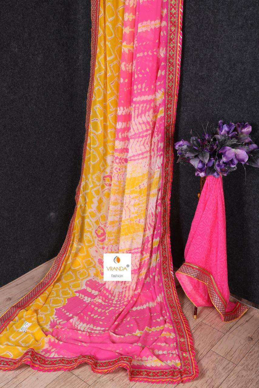 BANDHNI VOL-4 BY VRANDA FASHION 4001 TO 4014 SERIES INDIAN TRADITIONAL WEAR COLLECTION BEAUTIFUL STYLISH FANCY COLORFUL PARTY WEAR & OCCASIONAL WEAR GEORGETTE EMBROIDERED SAREES AT WHOLESALE PRICE