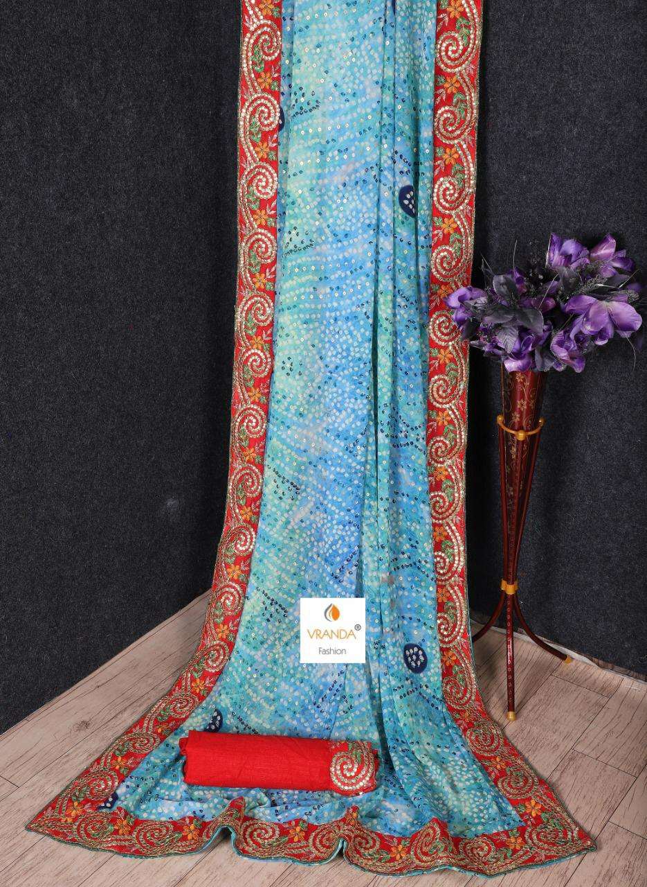 BANDHNI VOL-4 BY VRANDA FASHION 4001 TO 4014 SERIES INDIAN TRADITIONAL WEAR COLLECTION BEAUTIFUL STYLISH FANCY COLORFUL PARTY WEAR & OCCASIONAL WEAR GEORGETTE EMBROIDERED SAREES AT WHOLESALE PRICE