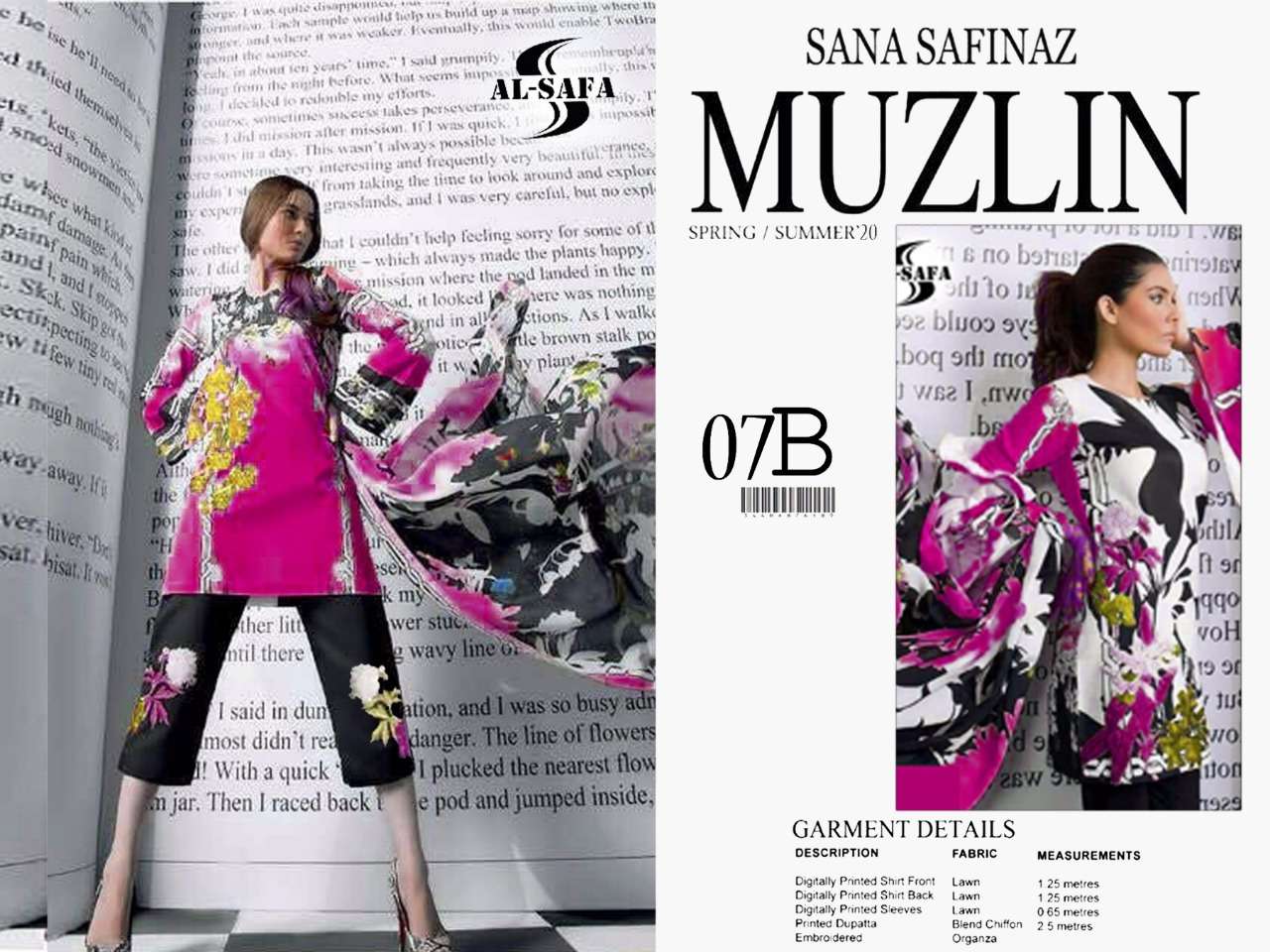 SANA SAFINAZ MUZLIN COLLECTION BY AL-SAFA 07-A TO 07-B SERIES PAKISTANI SUITS BEAUTIFUL FANCY COLORFUL STYLISH PARTY WEAR & OCCASIONAL WEAR PURE COTTON PRINTED WITH EMBROIDERY DRESSES AT WHOLESALE PRICE