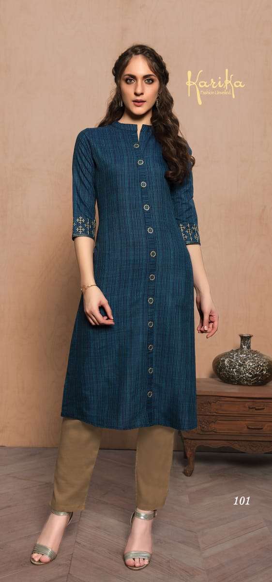INDIGO BY KARTIKA FASHIONS 101 TO 104 SERIES BEAUTIFUL STYLISH FANCY COLORFUL CASUAL WEAR & ETHNIC WEAR & READY TO WEAR COTTON HANDLOOM EMBROIDERED KURTIS AT WHOLESALE PRICE