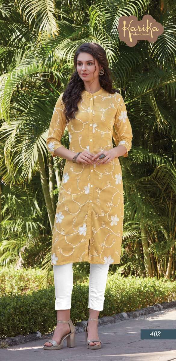 LILY BY KARTIKA FASHIONS 401 TO 406 SERIES BEAUTIFUL STYLISH FANCY COLORFUL CASUAL WEAR & ETHNIC WEAR & READY TO WEAR RAYON EMBROIDERED KURTIS AT WHOLESALE PRICE
