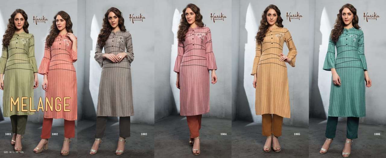 MELANGE BY KARTIKA FASHIONS 1001 TO 1006 SERIES BEAUTIFUL STYLISH FANCY COLORFUL CASUAL WEAR & ETHNIC WEAR & READY TO WEAR VISCOSE RAYON PRINTED KURTIS AT WHOLESALE PRICE