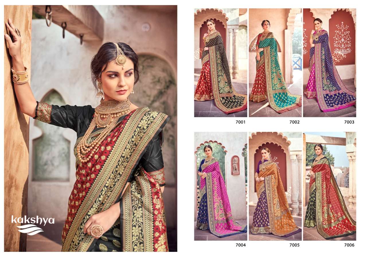 NAFISA BY KAKSHYA 7001 TO 7006 SERIES INDIAN TRADITIONAL WEAR COLLECTION BEAUTIFUL STYLISH FANCY COLORFUL PARTY WEAR & OCCASIONAL WEAR LICHI SILK SAREES AT WHOLESALE PRICE