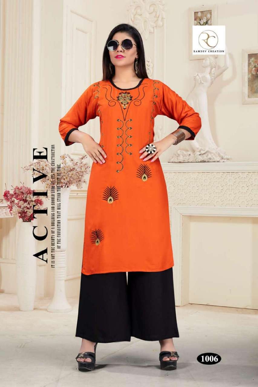 SATRANGI VOL-3 BY RC 1001 TO 1006 SERIES BEAUTIFUL COLORFUL STYLISH FANCY CASUAL WEAR & READY TO WEAR HEAVY RAYON 14 KG KURTIS WITH BOTTOM AT WHOLESALE PRICE
