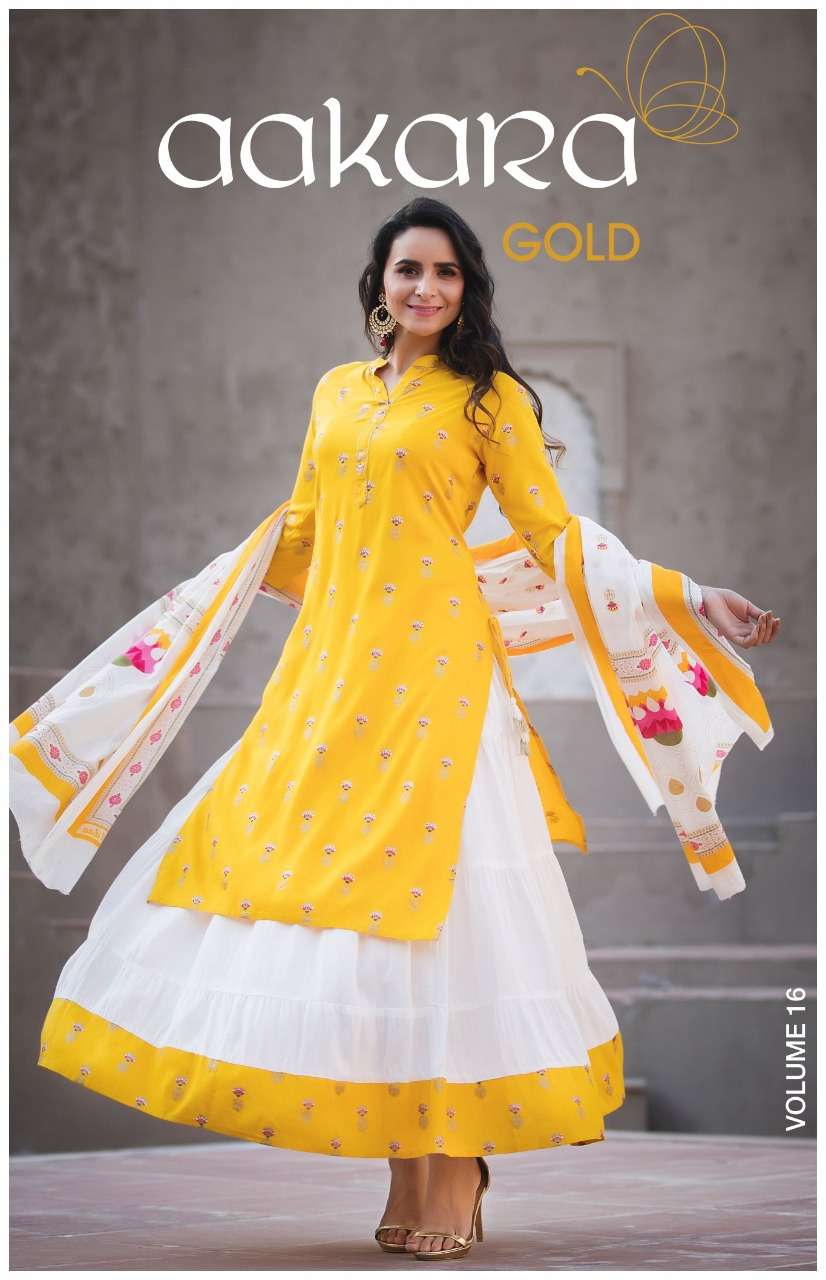 AAKAR GOLD VOL-16 BY AAKARA 16001 TO 16006 SERIES BEAUTIFUL SUITS STYLISH FANCY COLORFUL PARTY WEAR & OCCASIONAL WEAR RAYON 140 KG EMBROIDERY DRESSES AT WHOLESALE PRICE