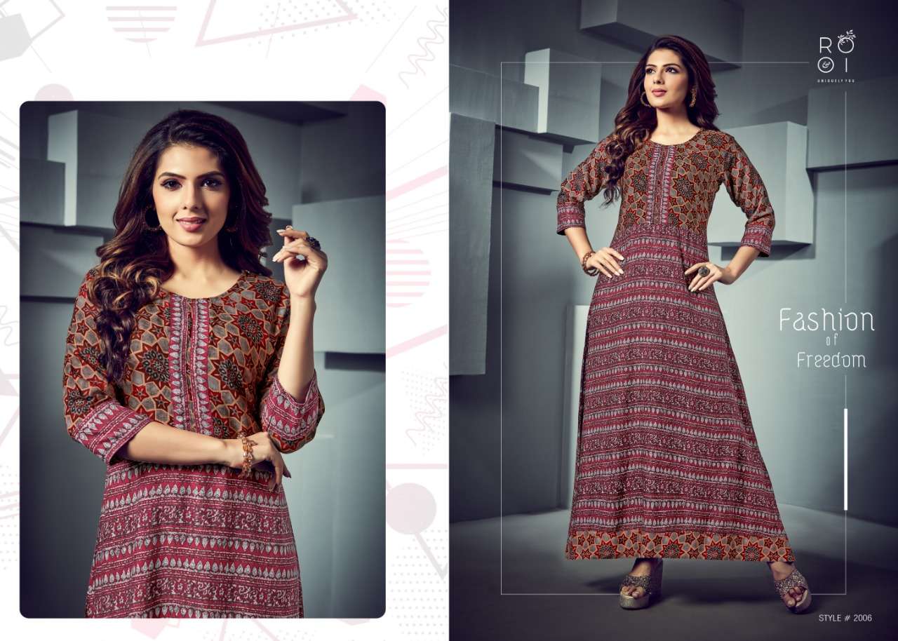 FASHION SEASON BY ROOI 2001 TO 2008 SERIES BEAUTIFUL COLORFUL STYLISH FANCY CASUAL WEAR & ETHNIC WEAR & READY TO WEAR HEAVY RAYON PRINTED WITH EMBROIDERED KURTIS AT WHOLESALE PRICE