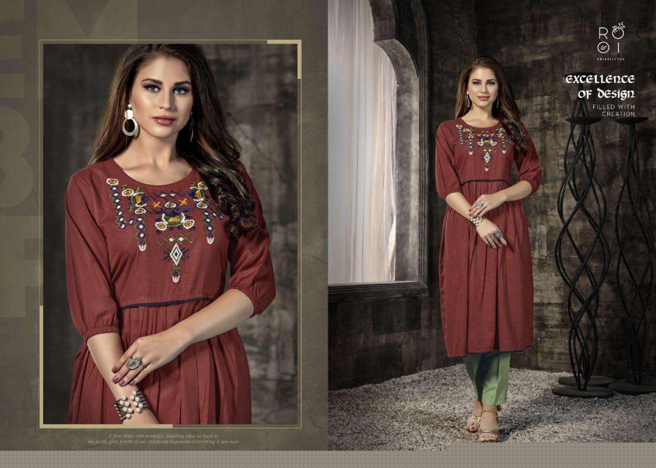 KIARA BY ROOI 1001 TO 1008 SERIES BEAUTIFUL COLORFUL STYLISH FANCY CASUAL WEAR & ETHNIC WEAR & READY TO WEAR HEAVY COTTON FLEX WITH EMBROIDERED KURTIS AT WHOLESALE PRICE