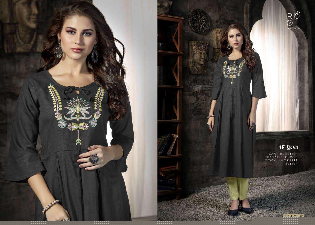 KIARA BY ROOI 1001 TO 1008 SERIES BEAUTIFUL COLORFUL STYLISH FANCY CASUAL WEAR & ETHNIC WEAR & READY TO WEAR HEAVY COTTON FLEX WITH EMBROIDERED KURTIS AT WHOLESALE PRICE