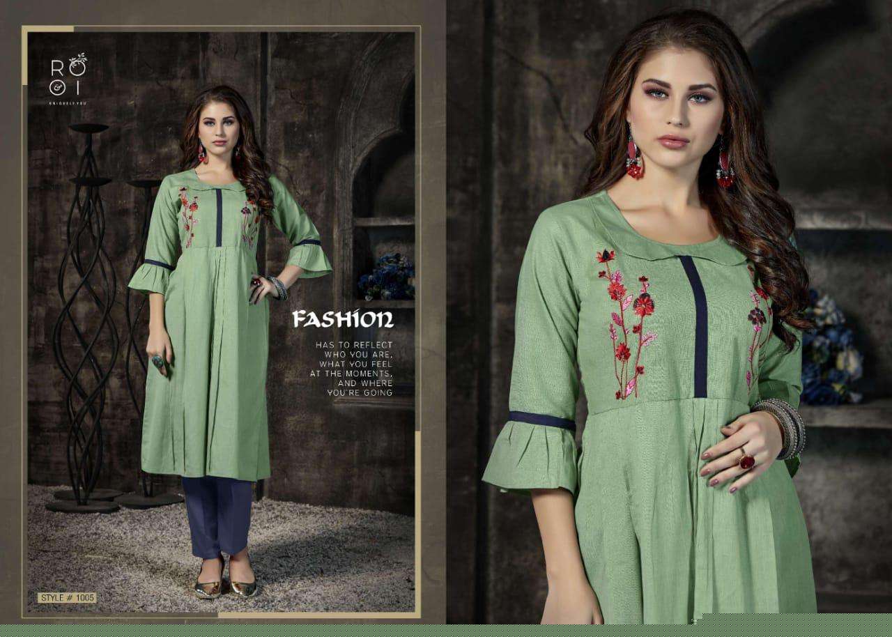 KIARA BY ROOI 1001 TO 1008 SERIES BEAUTIFUL COLORFUL STYLISH FANCY CASUAL WEAR & ETHNIC WEAR & READY TO WEAR HEAVY COTTON FLEX WITH EMBROIDERED KURTIS AT WHOLESALE PRICE
