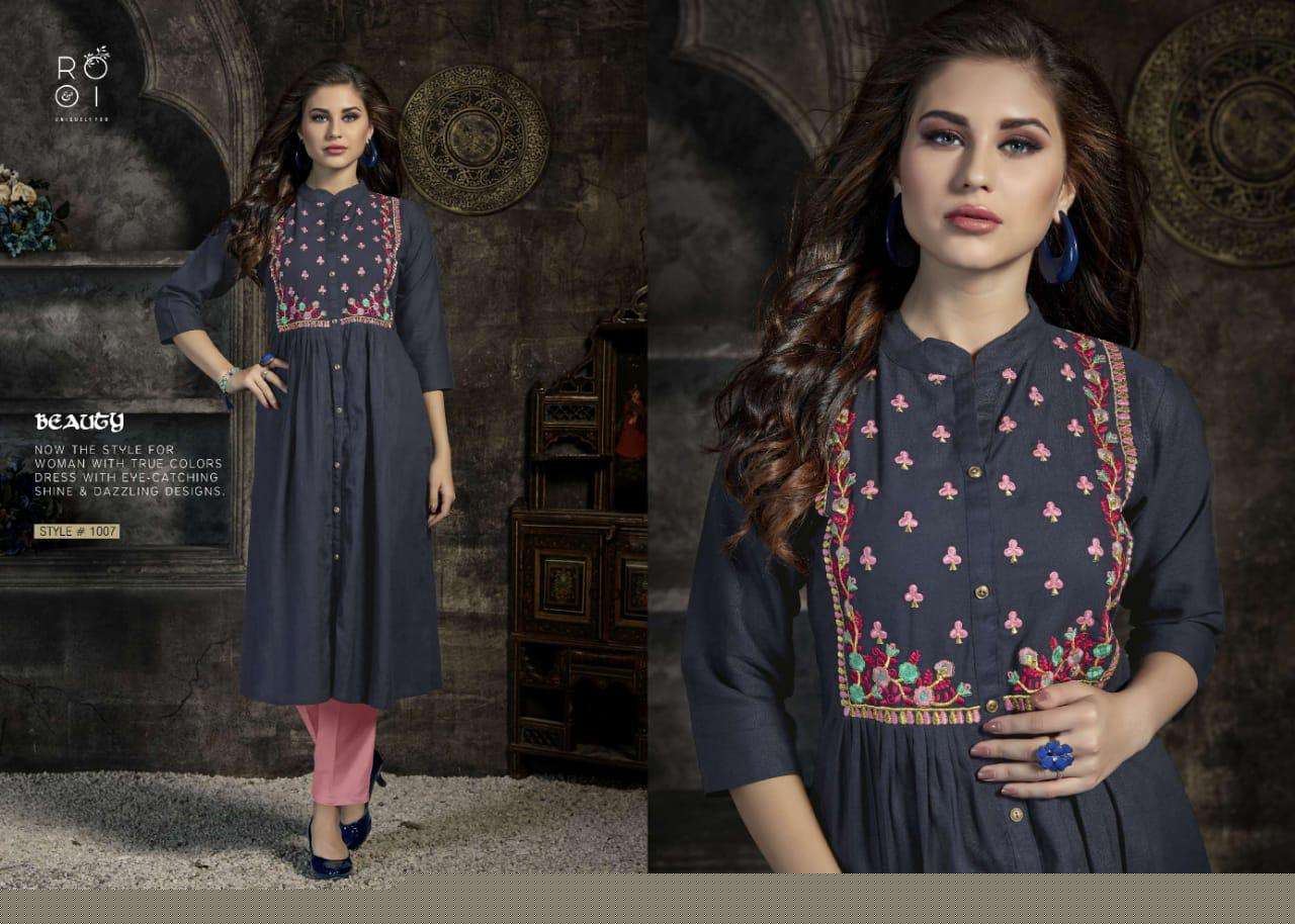 KIARA BY ROOI 1001 TO 1008 SERIES BEAUTIFUL COLORFUL STYLISH FANCY CASUAL WEAR & ETHNIC WEAR & READY TO WEAR HEAVY COTTON FLEX WITH EMBROIDERED KURTIS AT WHOLESALE PRICE