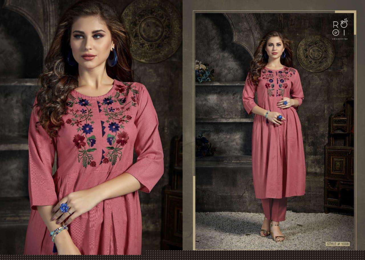 KIARA BY ROOI 1001 TO 1008 SERIES BEAUTIFUL COLORFUL STYLISH FANCY CASUAL WEAR & ETHNIC WEAR & READY TO WEAR HEAVY COTTON FLEX WITH EMBROIDERED KURTIS AT WHOLESALE PRICE