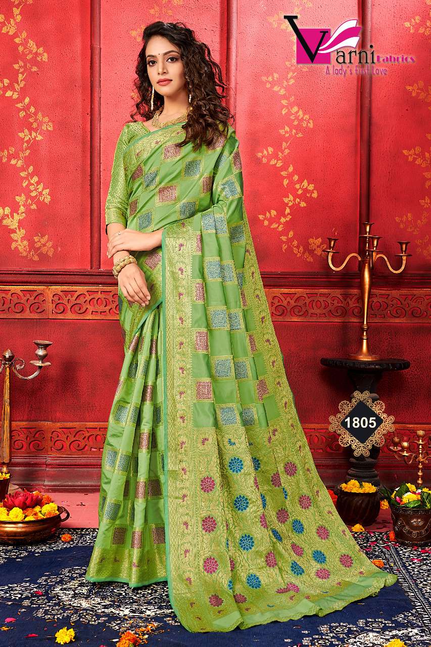 MANYAVAR SILK BY VARNI FABRICS 1801 TO 1805 SERIES INDIAN TRADITIONAL WEAR COLLECTION BEAUTIFUL STYLISH FANCY COLORFUL PARTY WEAR & OCCASIONAL WEAR BANARASI SILK SAREES AT WHOLESALE PRICE