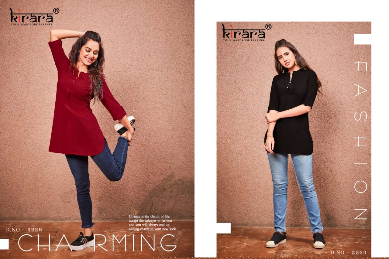 NEW LOOK BY KIRARA 2225 TO 2230 SERIES BEAUTIFUL COLORFUL STYLISH FANCY CASUAL WEAR & READY TO WEAR CRYSTAL GEORGETTE TOPS AT WHOLESALE PRICE