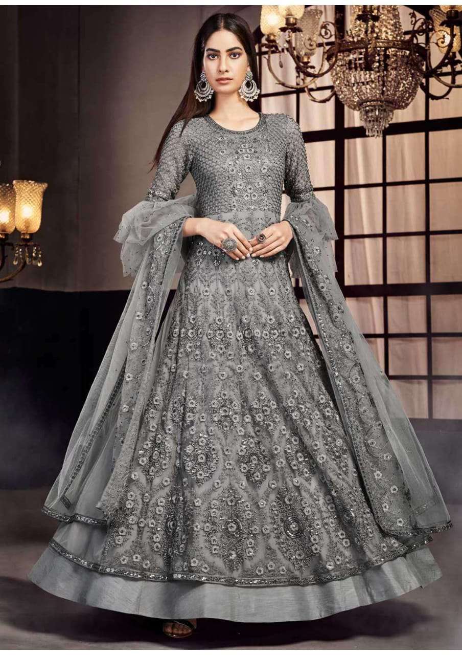 ZOHA BY FLORAL CREATIONS 7504 TO 7510 SERIES BEAUTIFUL STYLISH ANARKALI SUITS FANCY COLORFUL CASUAL WEAR & ETHNIC WEAR & READY TO WEAR DYED NET EMBROIDERY DRESSES AT WHOLESALE PRICE
