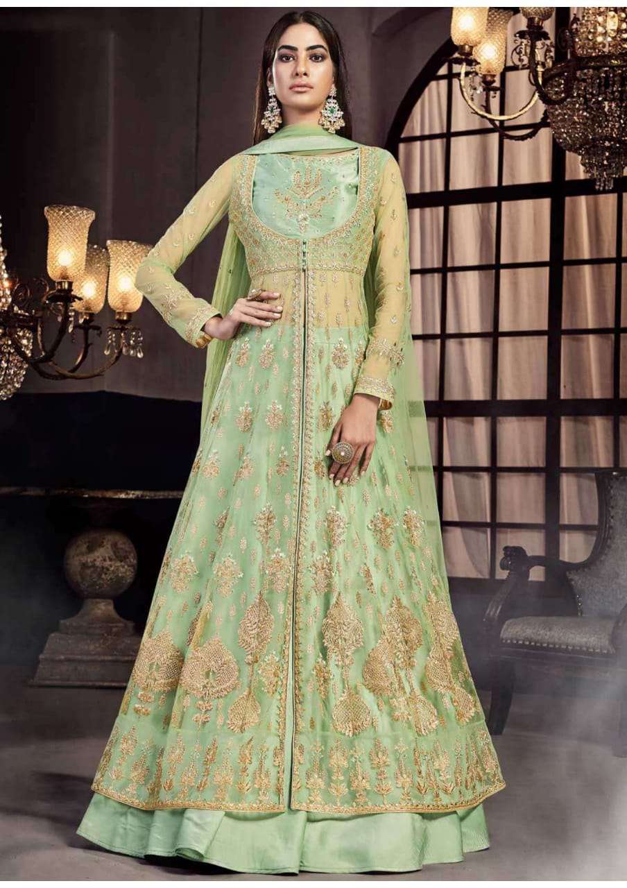 ZOHA BY FLORAL CREATIONS 7504 TO 7510 SERIES BEAUTIFUL STYLISH ANARKALI SUITS FANCY COLORFUL CASUAL WEAR & ETHNIC WEAR & READY TO WEAR DYED NET EMBROIDERY DRESSES AT WHOLESALE PRICE