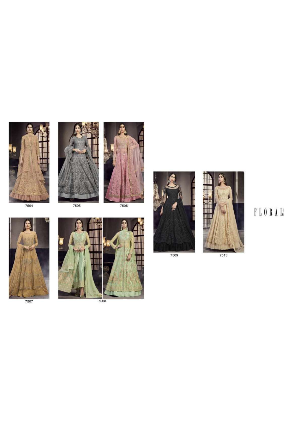 ZOHA BY FLORAL CREATIONS 7504 TO 7510 SERIES BEAUTIFUL STYLISH ANARKALI SUITS FANCY COLORFUL CASUAL WEAR & ETHNIC WEAR & READY TO WEAR DYED NET EMBROIDERY DRESSES AT WHOLESALE PRICE