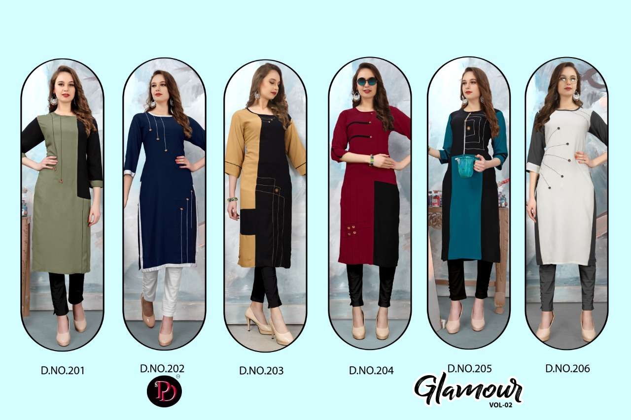 GLAMOUR VOL-2 BY POORVI DESIGNER 201 TO 206 SERIES BEAUTIFUL STYLISH FANCY COLORFUL CASUAL WEAR & ETHNIC WEAR & READY TO WEAR RAYON DYED WORKED KURTIS AT WHOLESALE PRICE