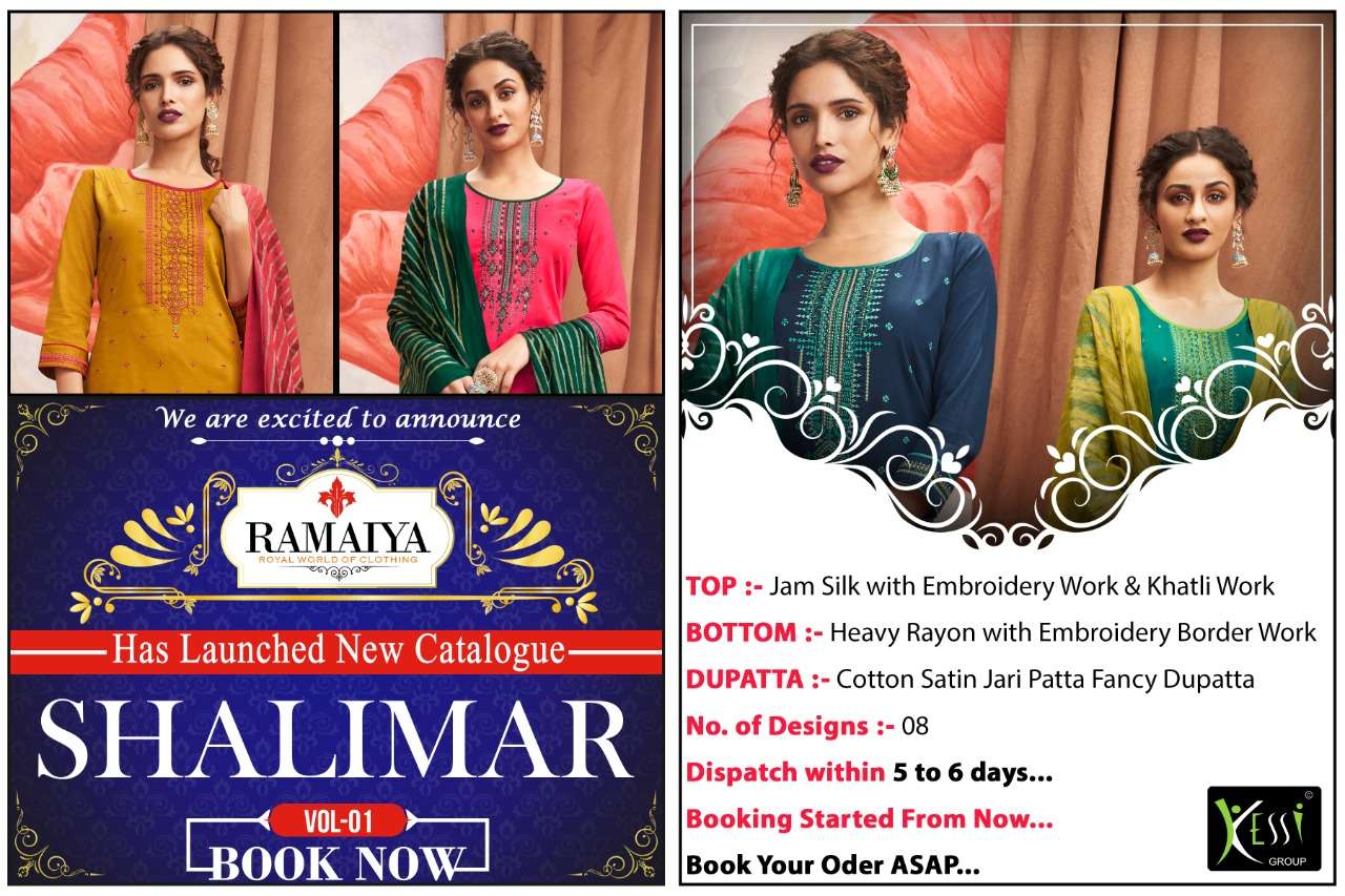 SHALIMAR BY JAY RAMAIYA 10161 TO 10168 SERIES BEAUTIFUL SUITS STYLISH FANCY COLORFUL CASUAL WEAR & ETHNIC WEAR JAM SILK WITH EMBROIDERY DRESSES AT WHOLESALE PRICE