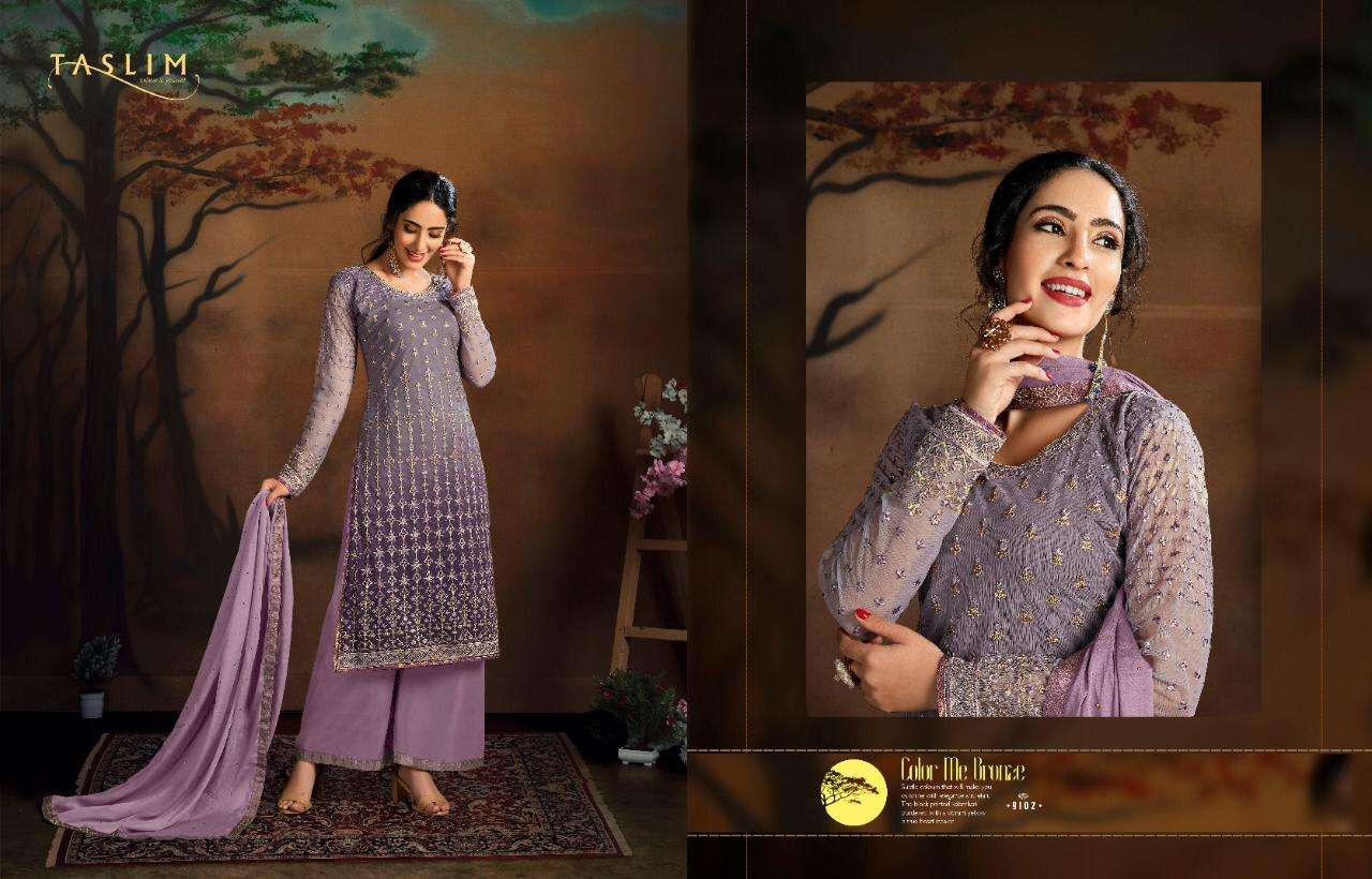 NAZAKAT BY TASLIM 9101 TO 9105 SERIES BEAUTIFUL SHARARA SUITS STYLISH FANCY COLORFUL PARTY WEAR & ETHNIC WEAR BUTTERFLY NET WITH HEAVY EMBROIDERY DRESSES AT WHOLESALE PRICE